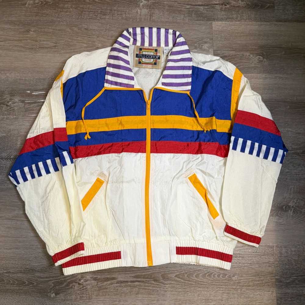 Vintage 80s MJ Carroll Colorblock Windbreaker Jacket L White Red Striped 90s